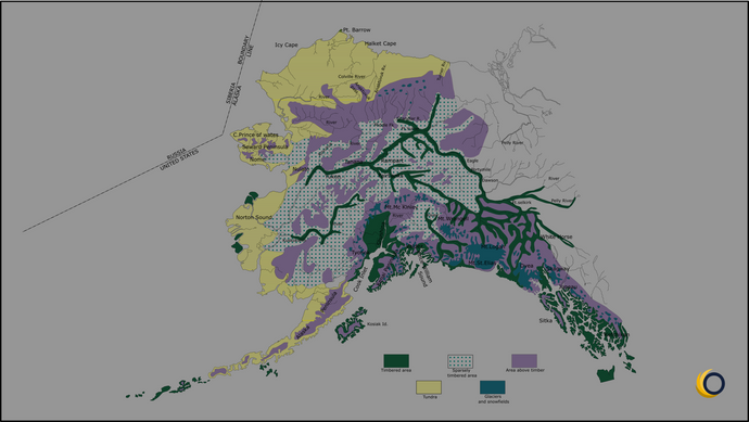 Sketch map of Alaska showing Forest, Glaciers and Snow fields