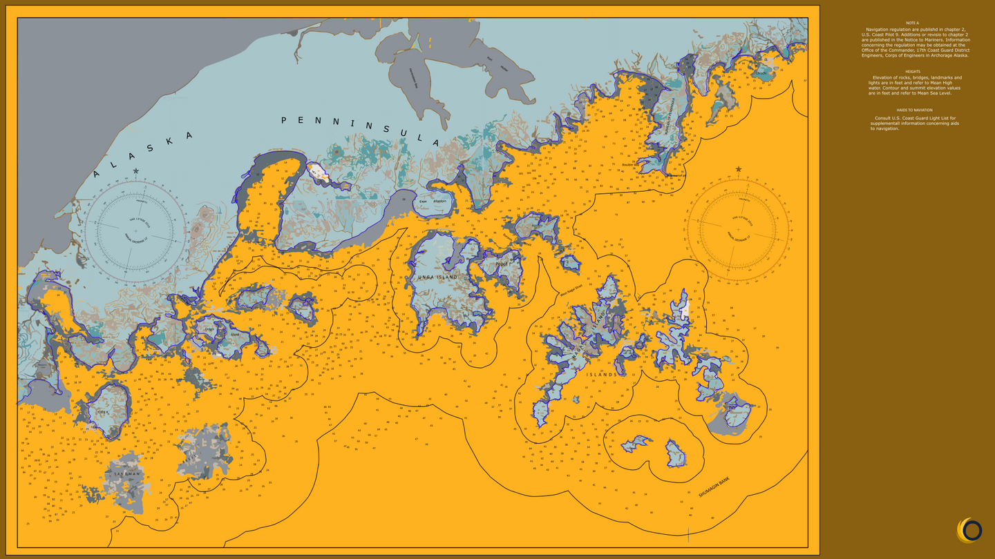 Shumagin Islands to Sanak Islands - Soundings Map Illustration in Fathoms